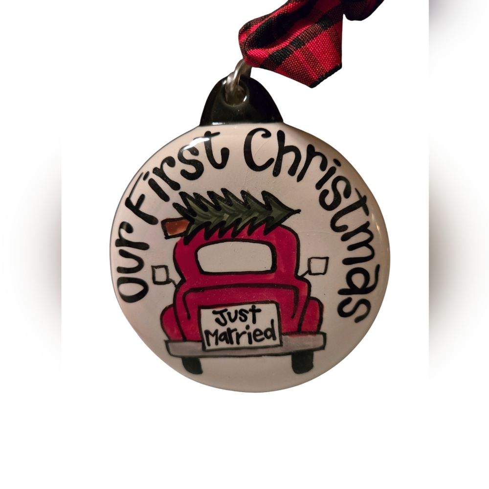 Glory Haus Our First Christmas Red Truck Large Puff Ornament Just Married NEW - Picture 2 of 10